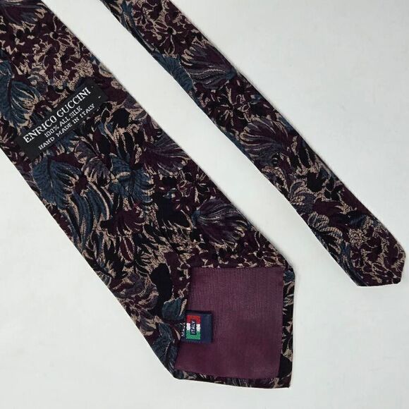 ENRICO GUCCINI HAND MADE ITALY SILK TIE PURPLE TAN GREEN BLACK FLORAL 3.5" X 58" - Picture 2 of 2